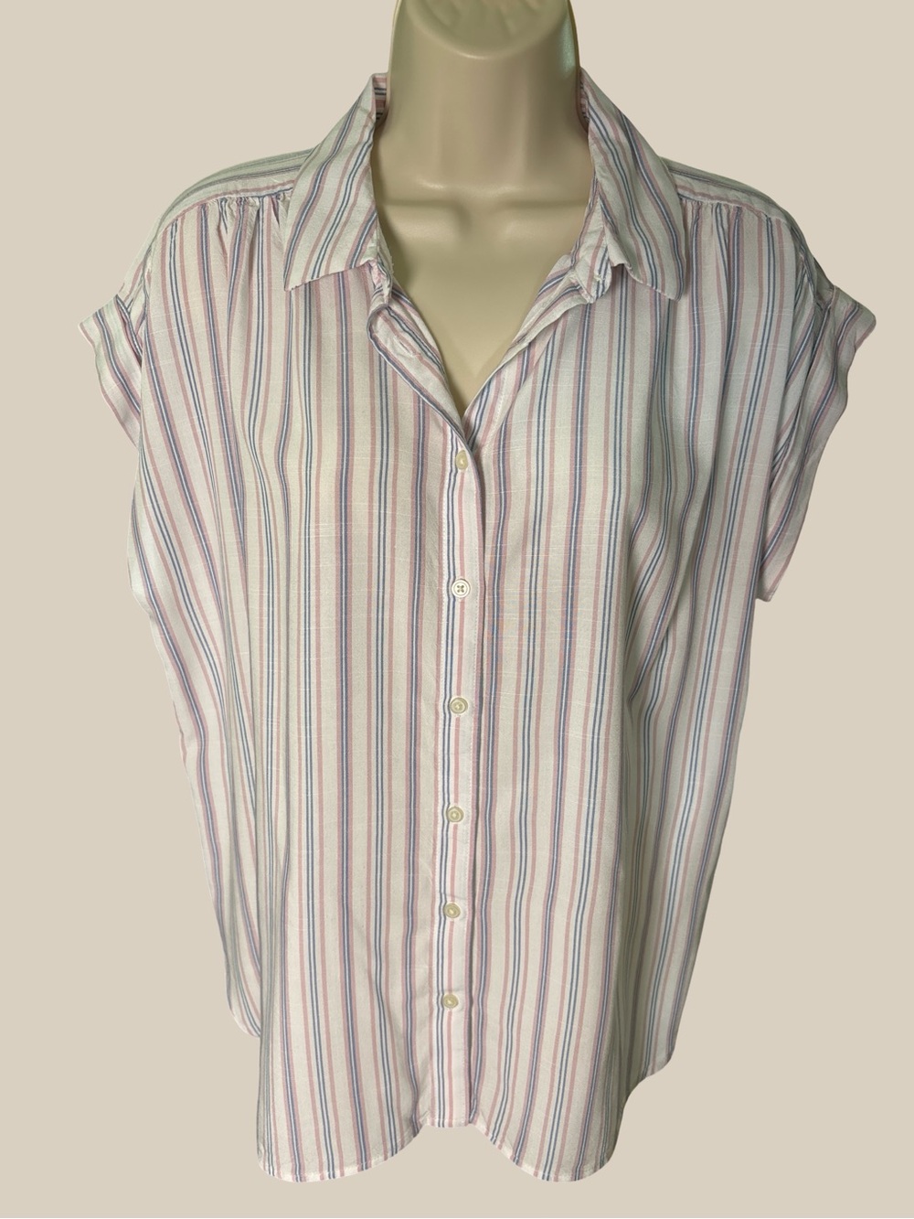 LOFT Dolman Striped Button Down Shirt, Rolled Cap Sleeves. Curved High Low Hem M